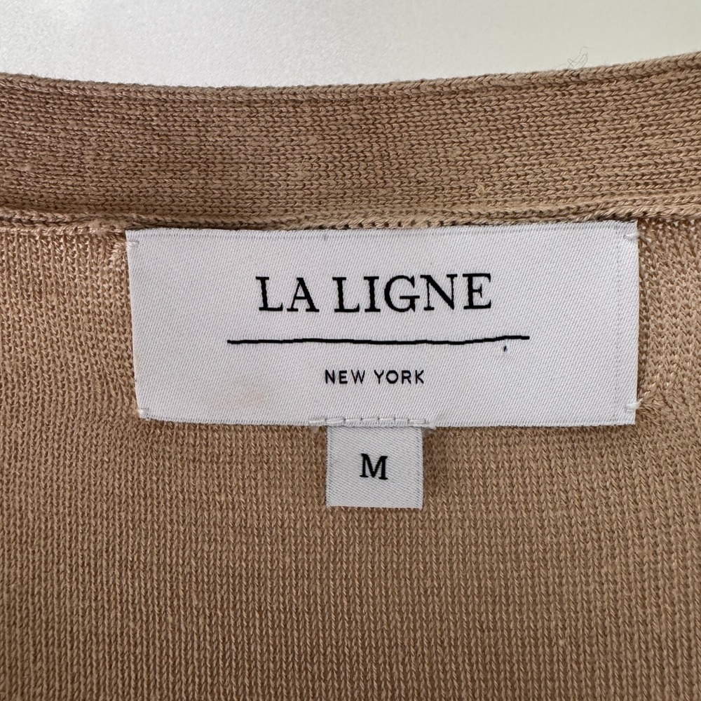 La Ligne Serge Cardigan Medium Tan Black Striped V-Neck Button Front Lightweight - Picture 10 of 13